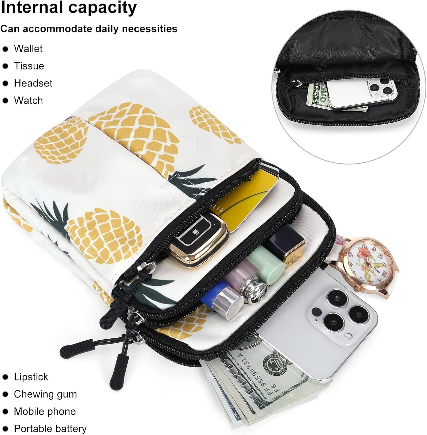 Waist Belt Bag for Women and Men Cross Body Cell Phone Purse Adjustable Shoulder Strap Travel Hip Pouch Multifunctional Fashion Fanny Packs Water Repellent, Pineapple