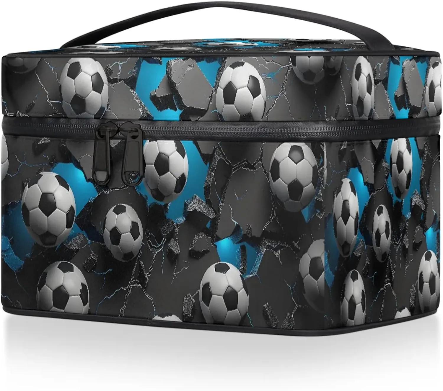Wall Football Soccer Theme Travel Toiletry Bag Large Capacity Makeup Case Organizer with Handle Cosmetic Case for Women Girls