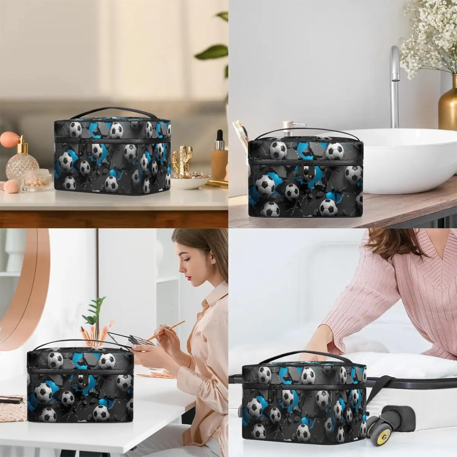 Wall Football Soccer Theme Travel Toiletry Bag Large Capacity Makeup Case Organizer with Handle Cosmetic Case for Women Girls