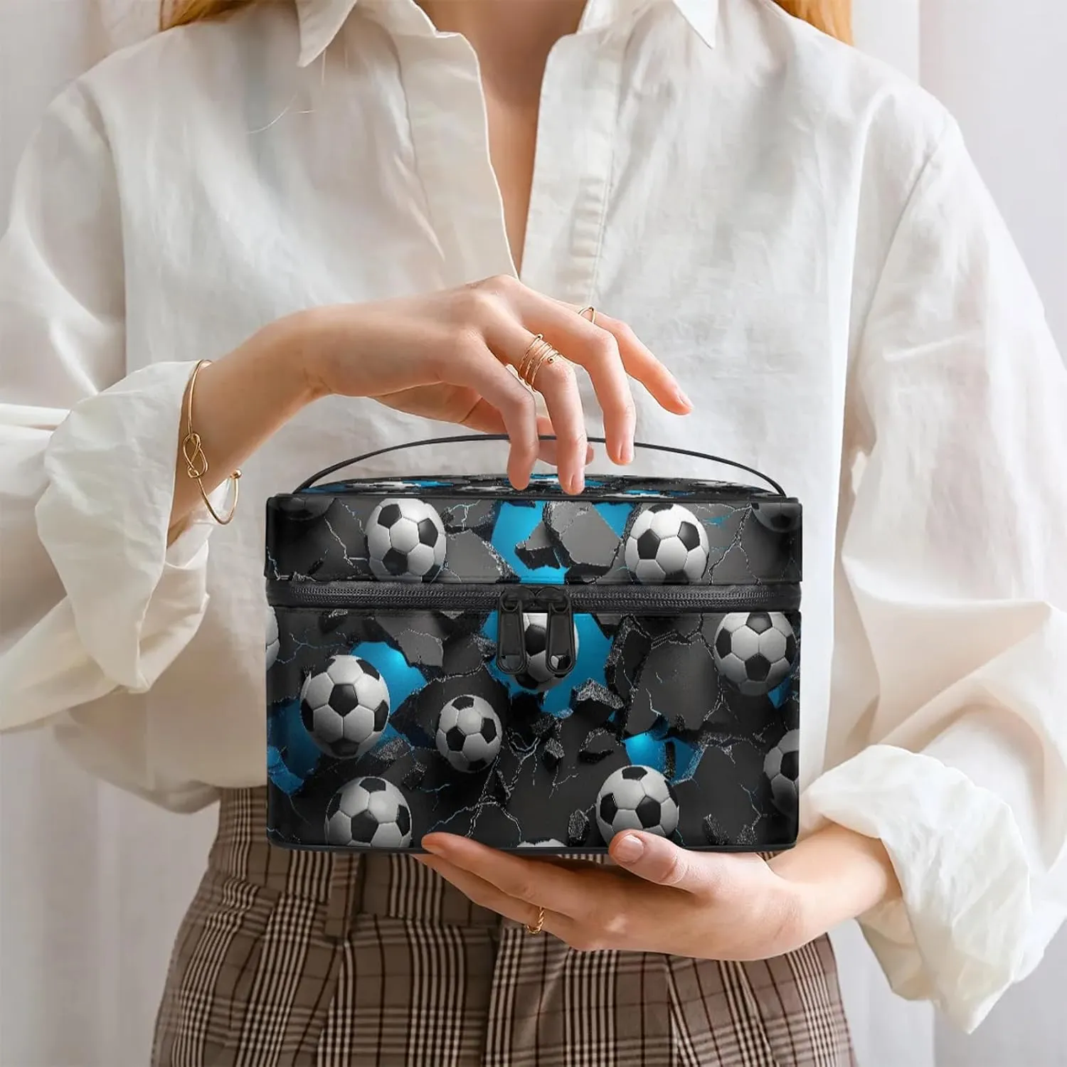 Wall Football Soccer Theme Travel Toiletry Bag Large Capacity Makeup Case Organizer with Handle Cosmetic Case for Women Girls
