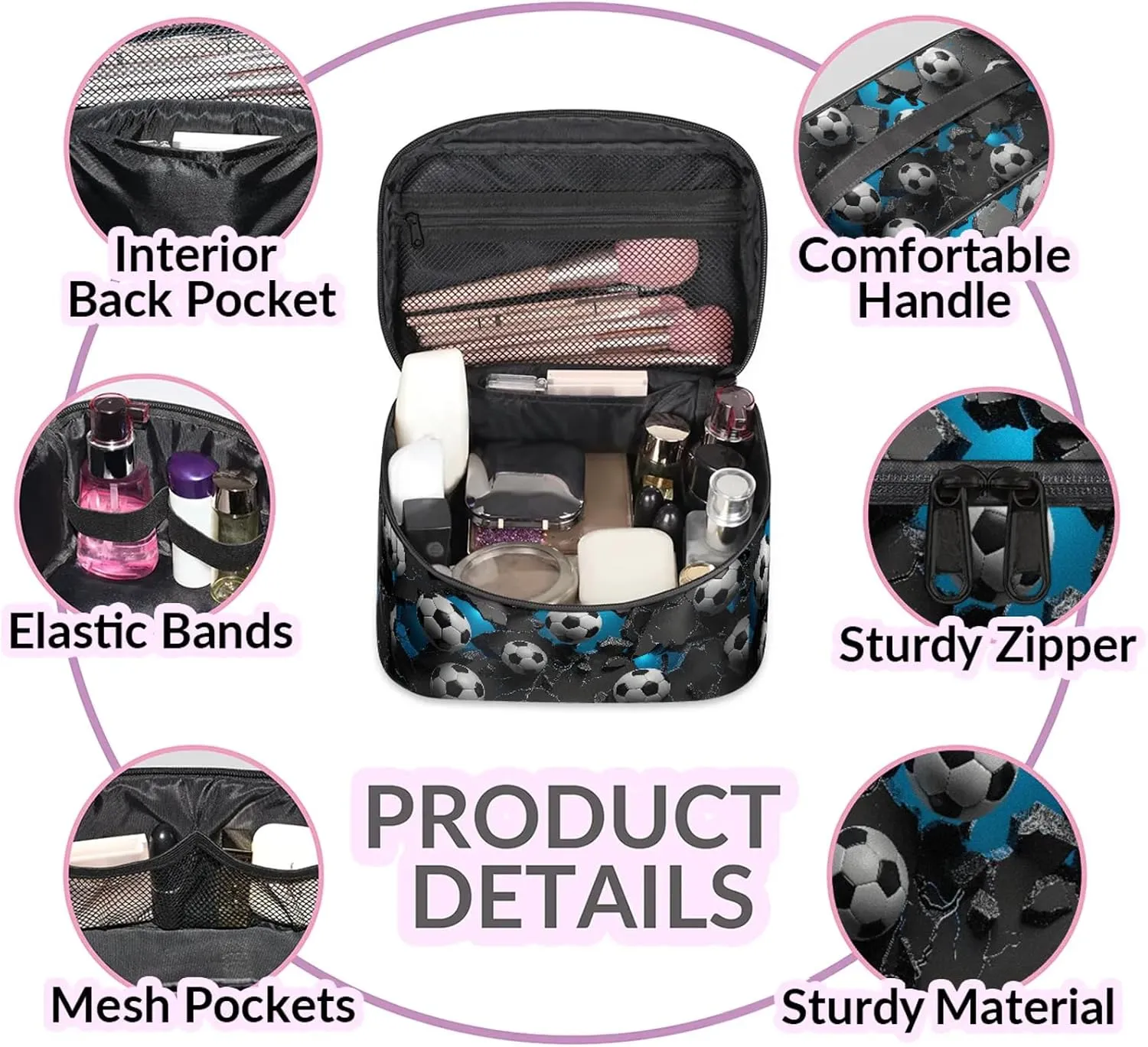 Wall Football Soccer Theme Travel Toiletry Bag Large Capacity Makeup Case Organizer with Handle Cosmetic Case for Women Girls