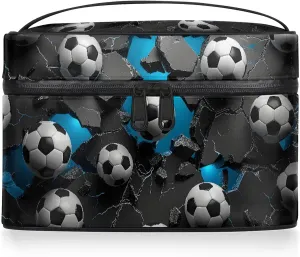 Wall Football Soccer Theme Travel Toiletry Bag Large Capacity Makeup Case Organizer with Handle Cosmetic Case for Women Girls