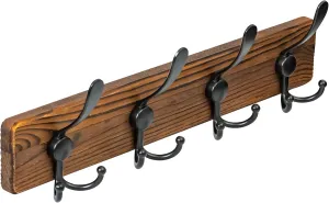 Wall Mounted Coat Rack - Metal Coat Hooks Hanger with Pine Solid Wood Board, 4 Triple Black Literary Rustic Hooks Rail Wall Mount for Hanging Coats, Clothes, Bags, Hat, Towel