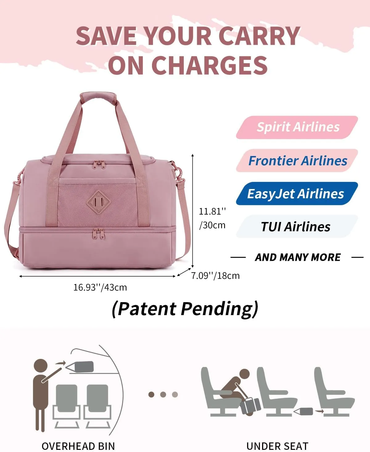 WANDF For Spirit Airlines 18x14x8 Personal Item Bag with USB Charging Port, Travel Duffel Bag with Wet Pocket & Shoe Compartment, Weekender Carry On Luggage for Women Men (Pink)