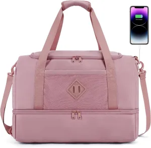 WANDF For Spirit Airlines 18x14x8 Personal Item Bag with USB Charging Port, Travel Duffel Bag with Wet Pocket & Shoe Compartment, Weekender Carry On Luggage for Women Men (Pink)