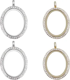 WANDIC Rhinestone Photo Charm, Oval Silver White Crystal Photo Pendant Bridal Wedding Bouquet Charms Living Floating Memory Lockets for 2 Pictures