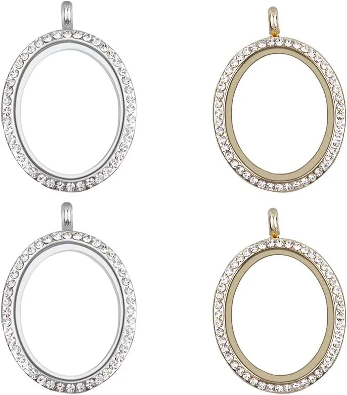 WANDIC Rhinestone Photo Charm, Oval Silver White Crystal Photo Pendant Bridal Wedding Bouquet Charms Living Floating Memory Lockets for 2 Pictures