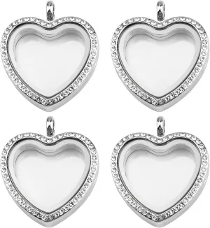 WANDIC Rhinestone Photo Charm, Rose Gold Heart Crystal Photo Pendant Bridal Wedding Bouquet Charms Living Floating Memory Locket for 2 Pictures