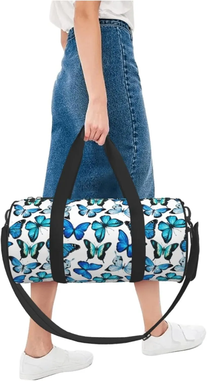Watercolor Blue Butterfly Round Travel Duffel Bag Large Capacity Gym Sports Bags for Hiking Vacation Trips