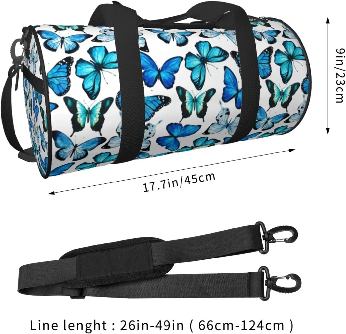 Watercolor Blue Butterfly Round Travel Duffel Bag Large Capacity Gym Sports Bags for Hiking Vacation Trips