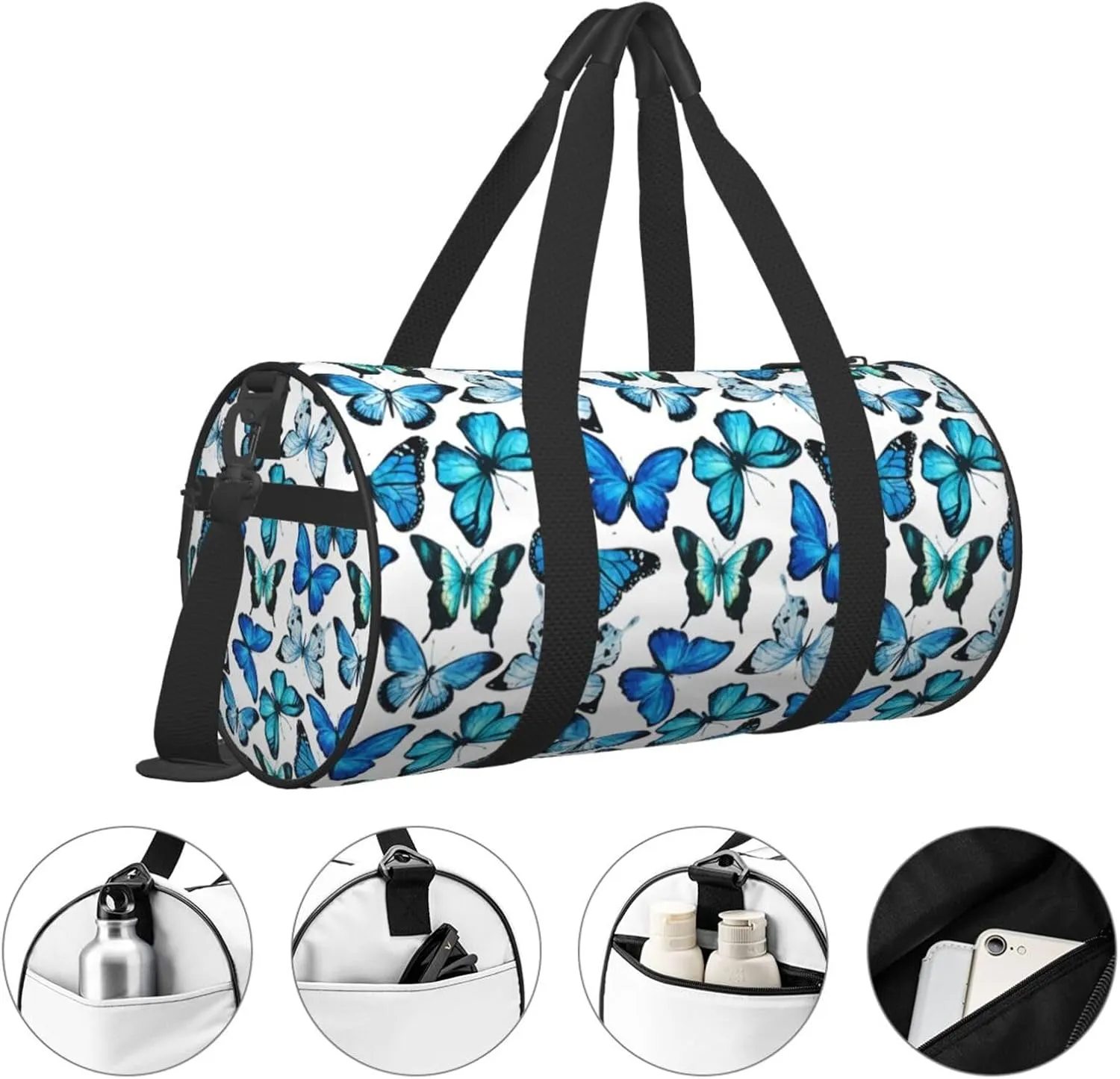 Watercolor Blue Butterfly Round Travel Duffel Bag Large Capacity Gym Sports Bags for Hiking Vacation Trips