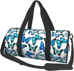 Watercolor Blue Butterfly Round Travel Duffel Bag Large Capacity Gym Sports Bags for Hiking Vacation Trips