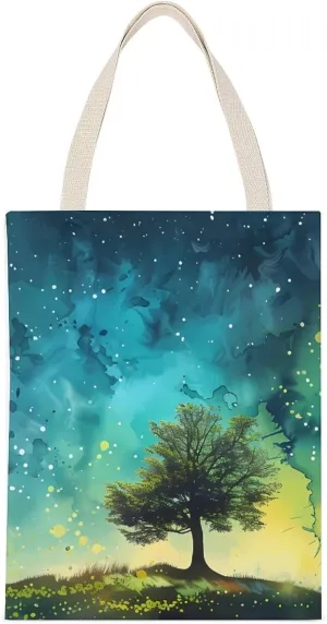 Watercolor Landscape with Moon Northern Lights Printed Canvas Tote Bags Shoulder Bag Reusable Grocery Shopping Handbag DIY Gifts 14"x18"