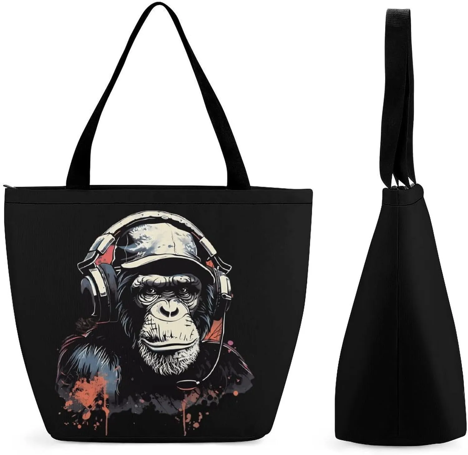Watercolor Music Monkey Womens Tote Bag Purse with Zippered Shoulder Handbags For Work