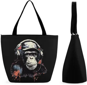 Watercolor Music Monkey Womens Tote Bag Purse with Zippered Shoulder Handbags For Work