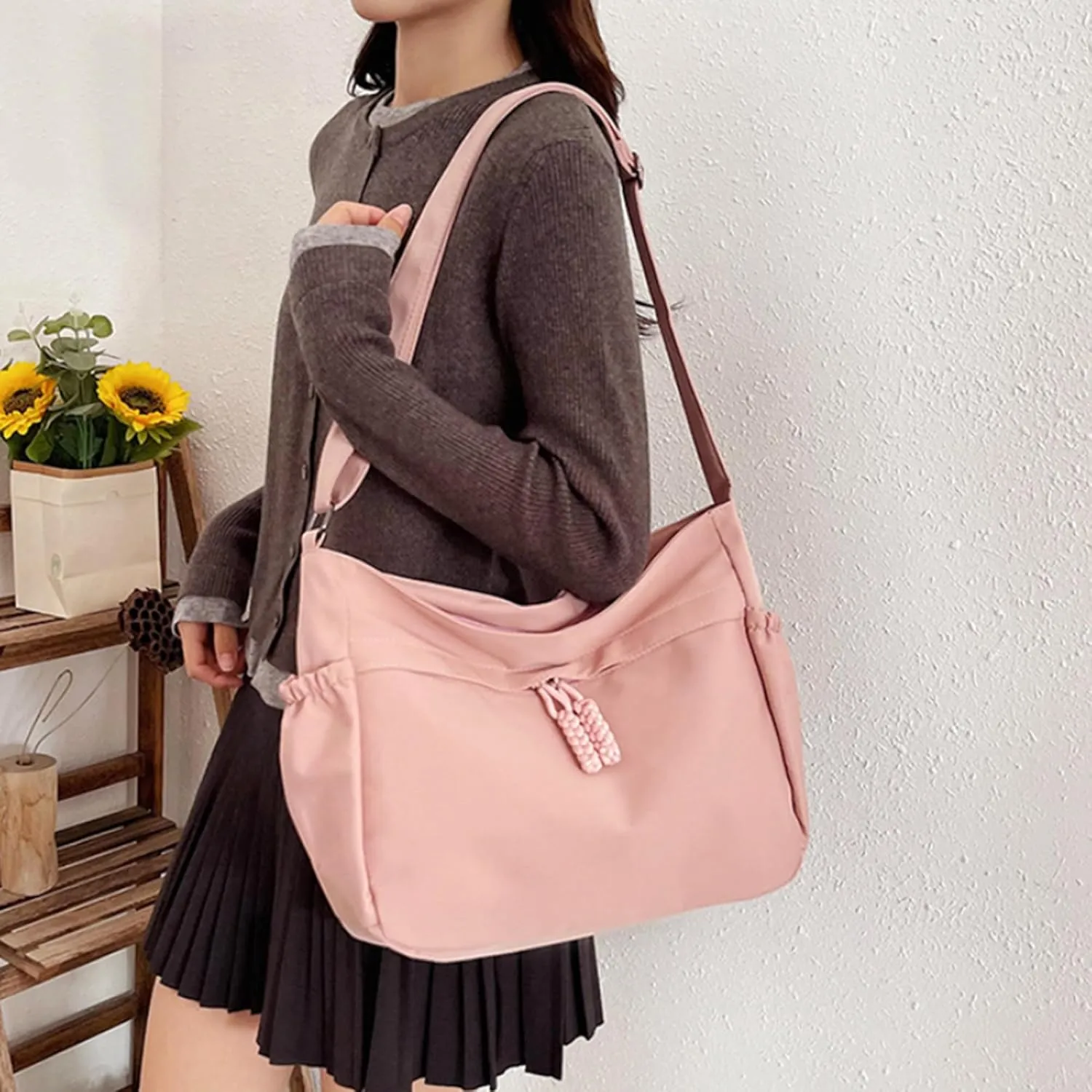 Waterproof Canvas Messenger Bag Women Multiple pockets Crossbody Shoulder Bag Spacious Student Tote with Water bottle Pocket