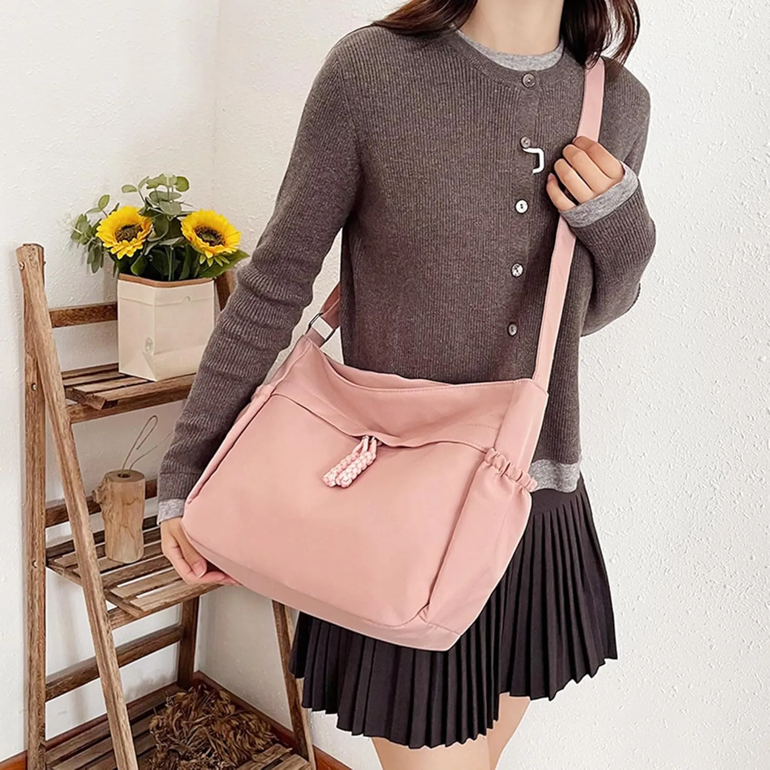 Waterproof Canvas Messenger Bag Women Multiple pockets Crossbody Shoulder Bag Spacious Student Tote with Water bottle Pocket