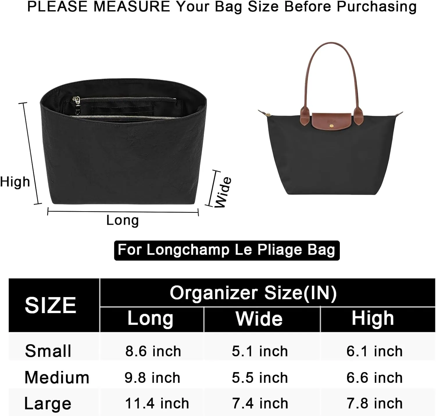 Waterproof Purse Organizer Insert for Longchamp le Pliage Medium Handbags Insert DupontPaper Lightweight with YKK Zipper (Black, Medium)