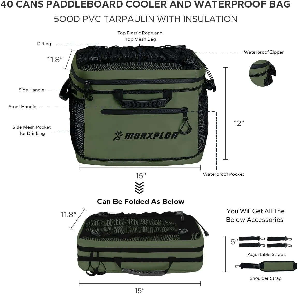 Waterproof PVC Material Paddleboard Cooler Deck Bag,40 cans Sup Deck Cooler Bag,Cooler Bag for Paddleboard,Lunch Box Cooler Insulated Bag,Camping Cooler Bag,Kayak Cooler Bag