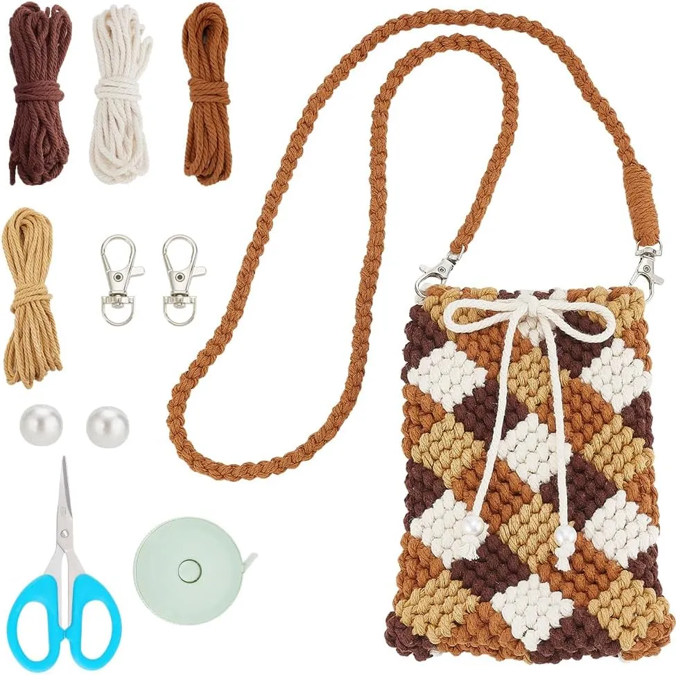 WEBEEDY DIY Macrame Phone Bag Kit Bohemian Crossbody Purse Small Shoulder Bag Phone Holder Set for Adults Beginners, Crochet Bags for Women Holiday Summer Beach Decor, with Instruction