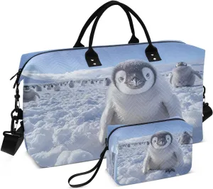 Weekender Bags for Women,Foldable Emperor Penguin Travel Duffel Bag with Trolley Sleeve Travel Tote Gym Bag with Toiletry Bag