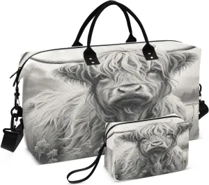 Weekender Bags for Women,Foldable Land Cattle Cow Travel Duffel Bag with Trolley Sleeve Travel Tote Gym Bag with Toiletry Bag