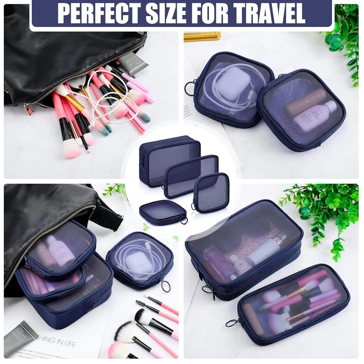 Weewooday 4 Pcs Mesh Makeup Bag Mesh Cosmetic Bag Travel Toiletry Pouch with Zipper Mini Makeup Cosmetic Purse for Daily Accessory(Small, Large, Medium,Navy Blue)