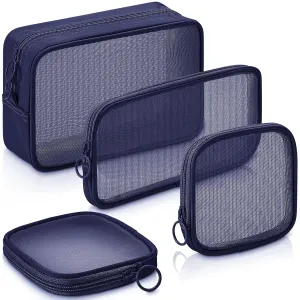 Weewooday 4 Pcs Mesh Makeup Bag Mesh Cosmetic Bag Travel Toiletry Pouch with Zipper Mini Makeup Cosmetic Purse for Daily Accessory(Small, Large, Medium,Navy Blue)