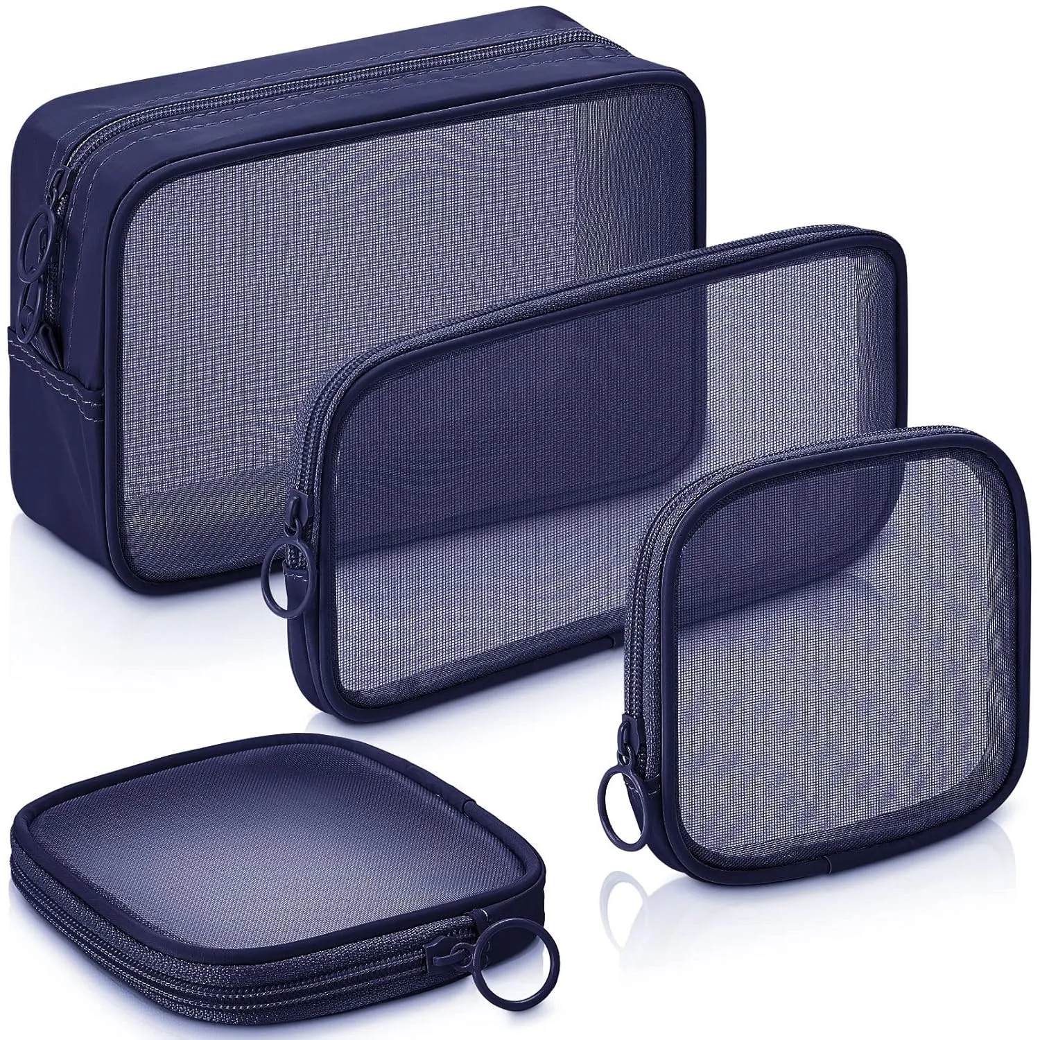 Weewooday 4 Pcs Mesh Makeup Bag Mesh Cosmetic Bag Travel Toiletry Pouch with Zipper Mini Makeup Cosmetic Purse for Daily Accessory(Small, Large, Medium,Navy Blue)