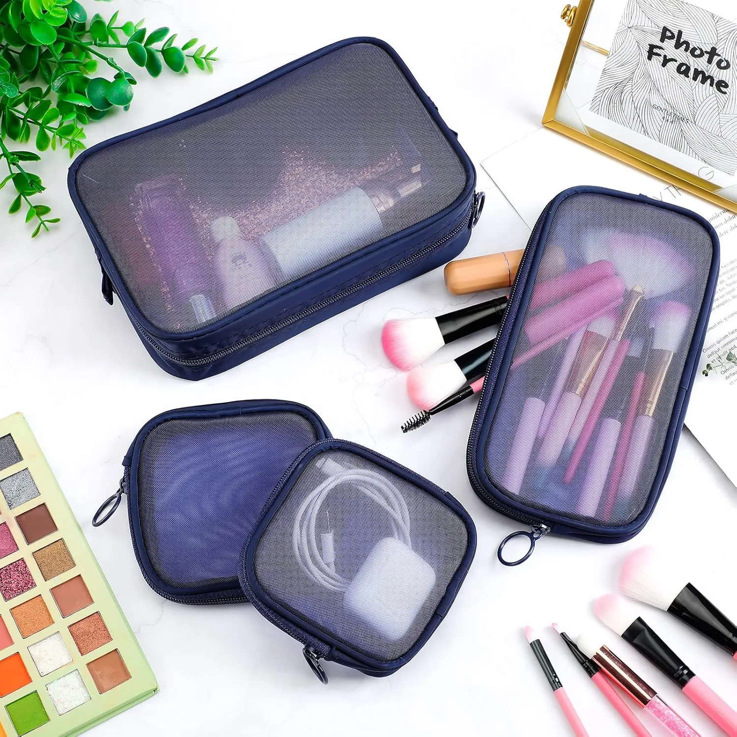 Weewooday 4 Pcs Mesh Makeup Bag Mesh Cosmetic Bag Travel Toiletry Pouch with Zipper Mini Makeup Cosmetic Purse for Daily Accessory(Small, Large, Medium,Navy Blue)
