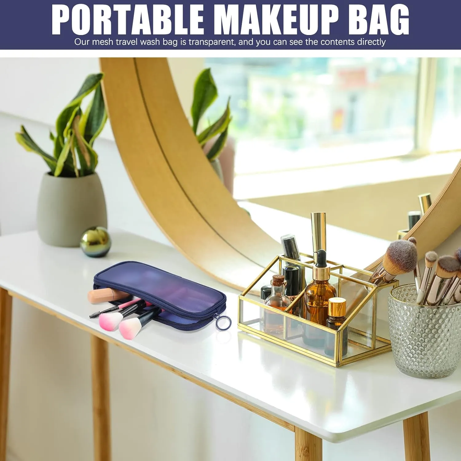 Weewooday 4 Pcs Mesh Makeup Bag Mesh Cosmetic Bag Travel Toiletry Pouch with Zipper Mini Makeup Cosmetic Purse for Daily Accessory(Small, Large, Medium,Navy Blue)