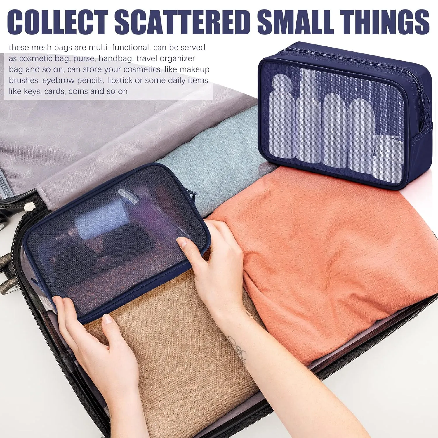 Weewooday 4 Pcs Mesh Makeup Bag Mesh Cosmetic Bag Travel Toiletry Pouch with Zipper Mini Makeup Cosmetic Purse for Daily Accessory(Small, Large, Medium,Navy Blue)