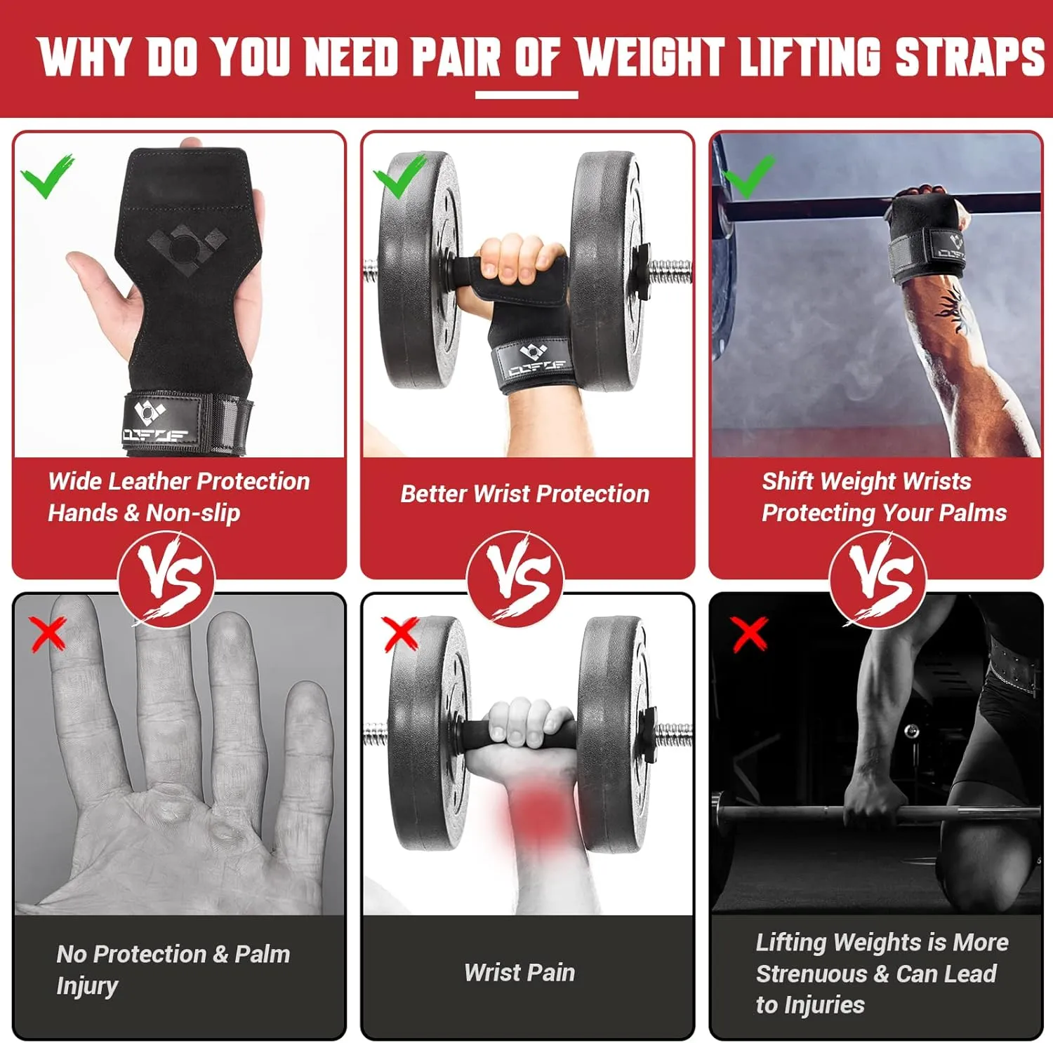 Weight Lifting Wrist Strap, Double Layer Leather Wrist Strap for Deadlift and Powerlifting, Adjustable Neoprene Padded Gym Workout Lifting Hooks (Pair)