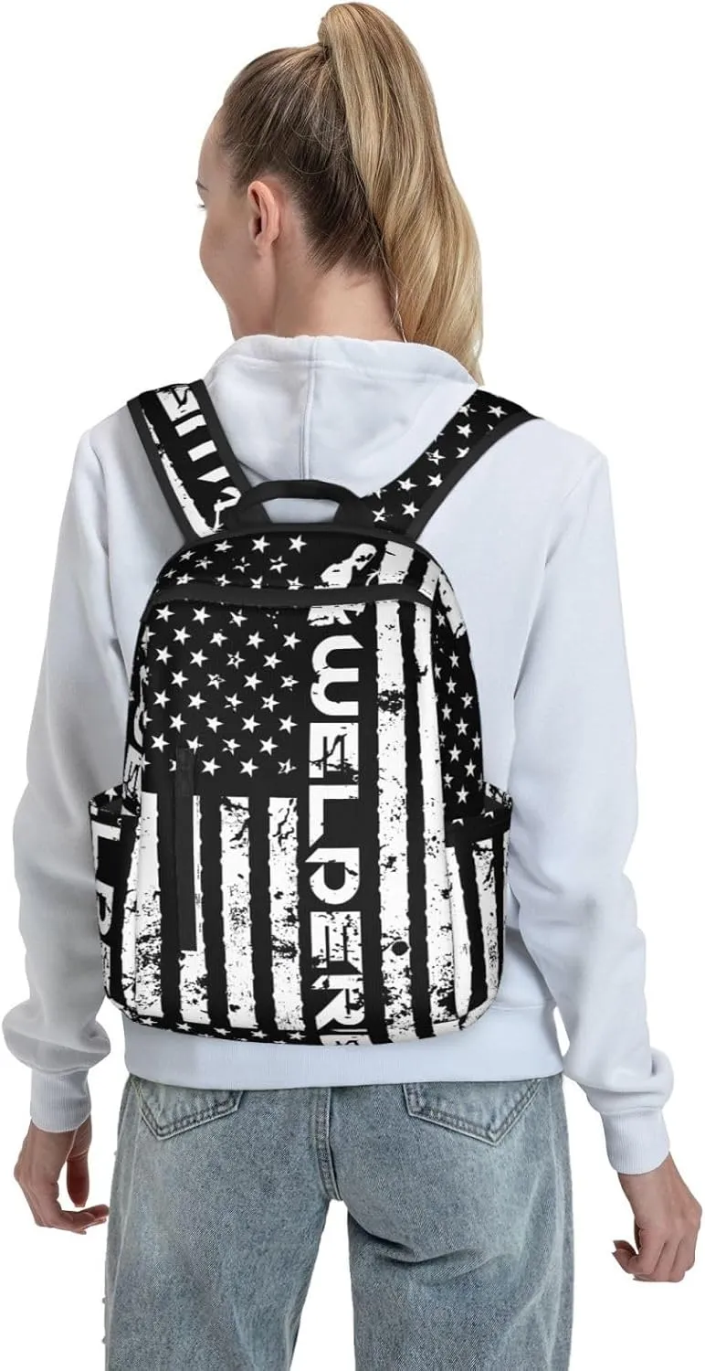 Welding Fabricator Welder Worker American Flag Casual Backpacks Laptop Backpack Outdoor Travel Rucksack Sport Carry-On Daypack Lightweight Bag with Multi-Pockets
