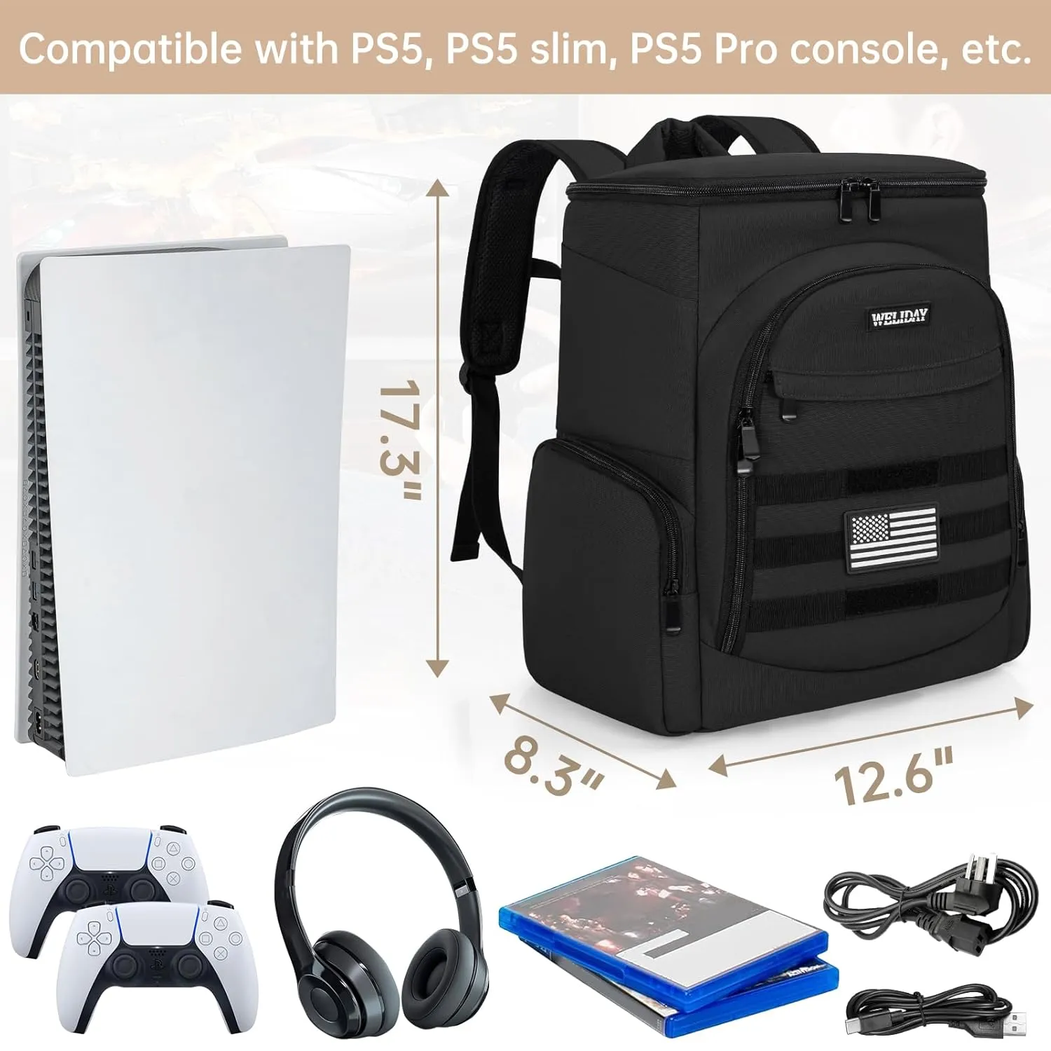 WELIDAY Gaming Console Backpack Compatible with PS5/PS5 Slim/PS5 Pro, Protective Travel Case with 15.6″ Laptop Compartment and Multiple Pockets (Black)
