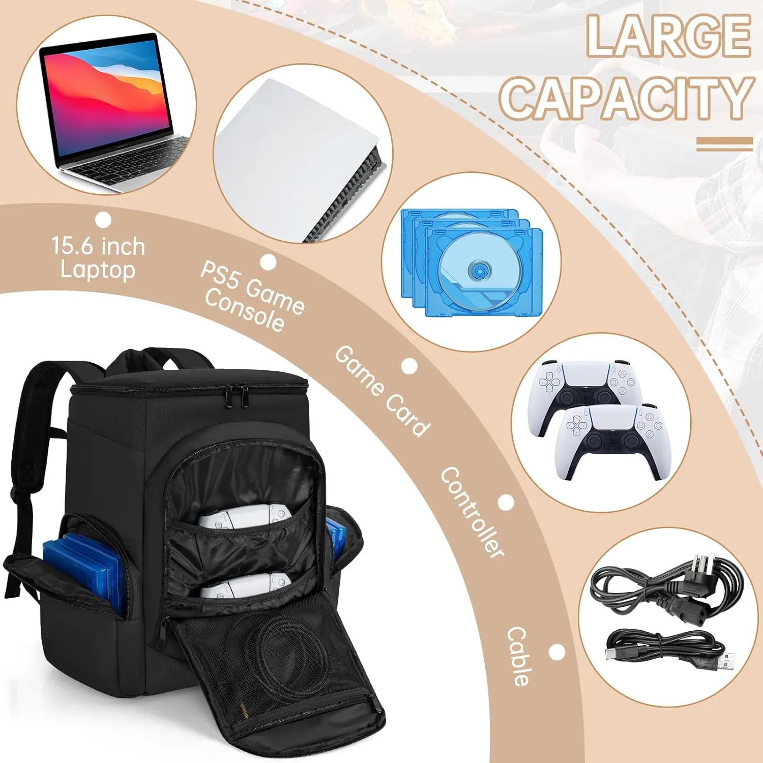 WELIDAY Gaming Console Backpack Compatible with PS5/PS5 Slim/PS5 Pro, Protective Travel Case with 15.6″ Laptop Compartment and Multiple Pockets (Black)