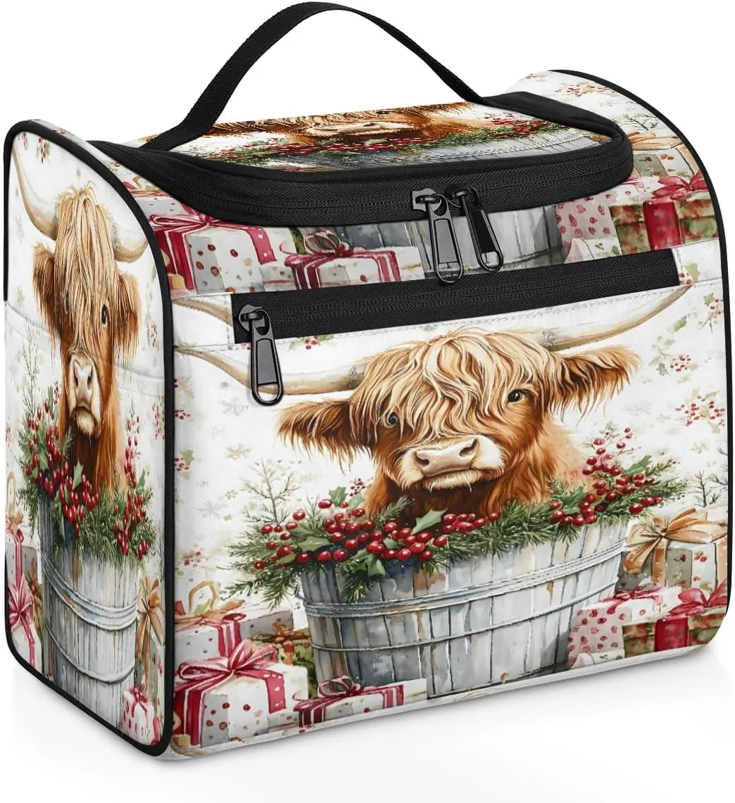 Western Cow Travel Toiletry Bag for Women Large Capacity Wide-open Makeup Organizer Cosmetic Travel Bags for Toiletries, Highland Cow