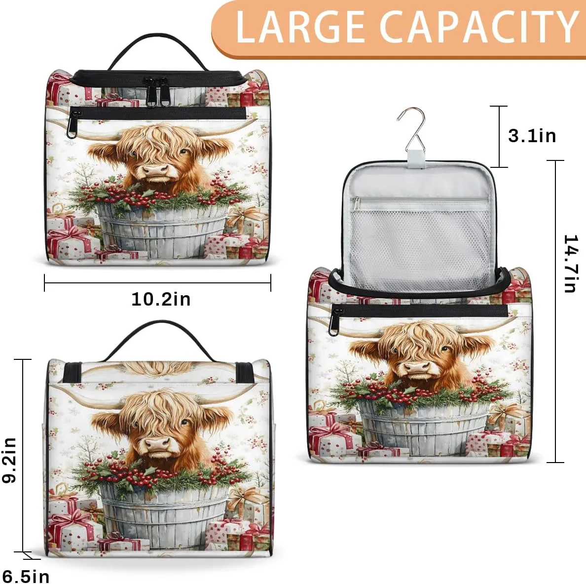 Western Cow Travel Toiletry Bag for Women Large Capacity Wide-open Makeup Organizer Cosmetic Travel Bags for Toiletries, Highland Cow