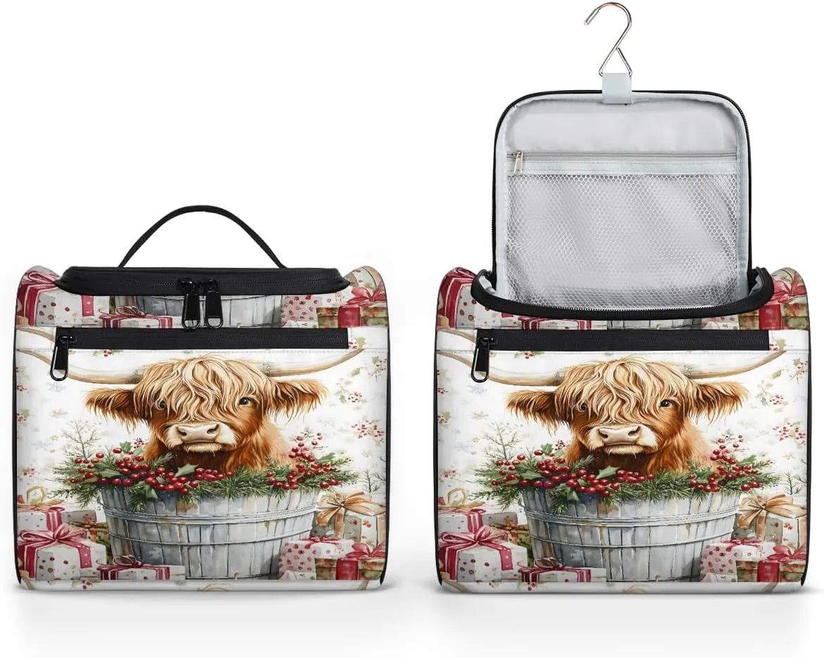 Western Cow Travel Toiletry Bag for Women Large Capacity Wide-open Makeup Organizer Cosmetic Travel Bags for Toiletries, Highland Cow