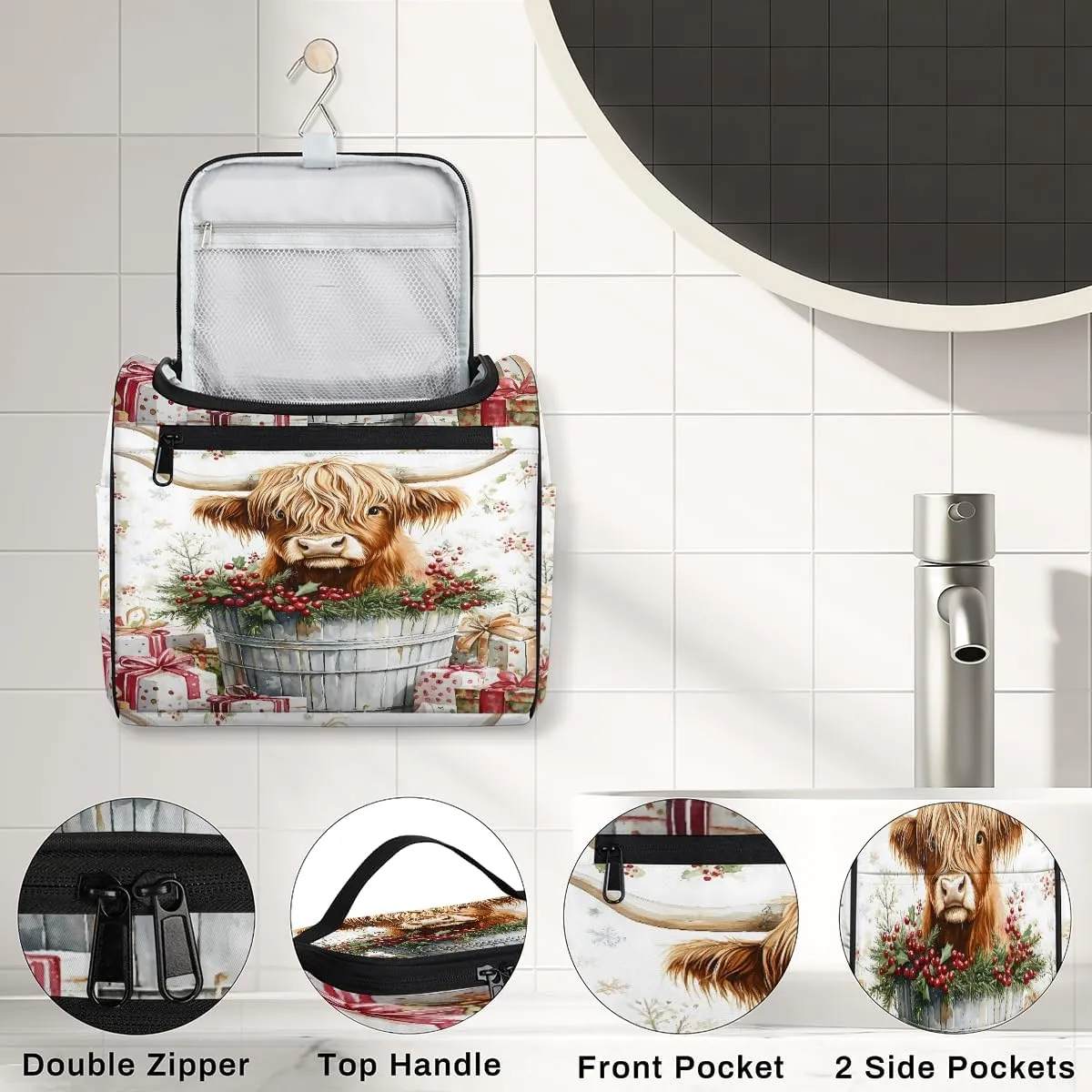 Western Cow Travel Toiletry Bag for Women Large Capacity Wide-open Makeup Organizer Cosmetic Travel Bags for Toiletries, Highland Cow