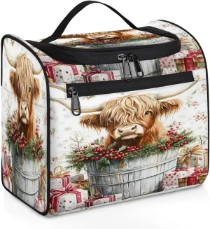 Western Cow Travel Toiletry Bag for Women Large Capacity Wide-open Makeup Organizer Cosmetic Travel Bags for Toiletries, Highland Cow