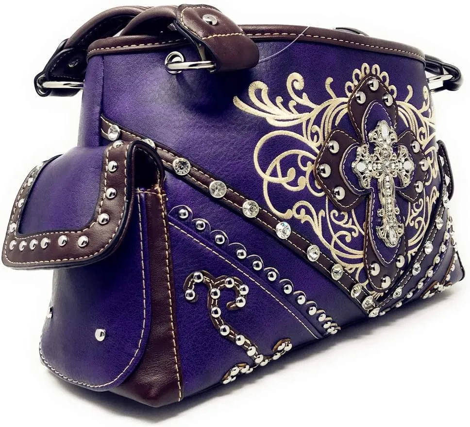 Western Embroidered Concealed Carry Purse/Wallet Set w/Rhinestone Cross
