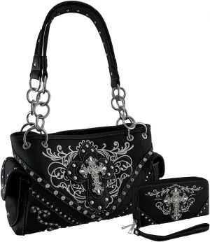 Western Embroidered Concealed Carry Purse/Wallet Set w/Rhinestone Cross