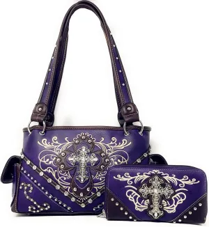 Western Embroidered Concealed Carry Purse/Wallet Set w/Rhinestone Cross