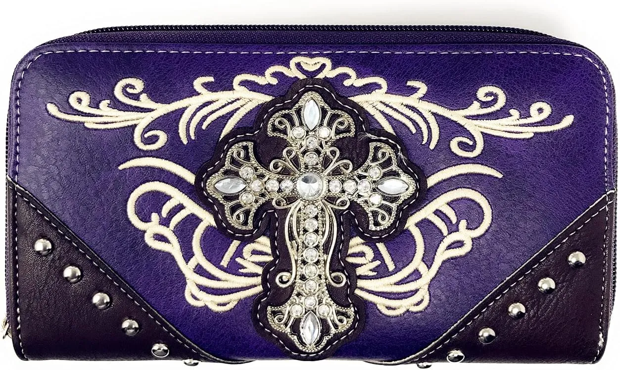 Western Embroidered Concealed Carry Purse/Wallet Set w/Rhinestone Cross