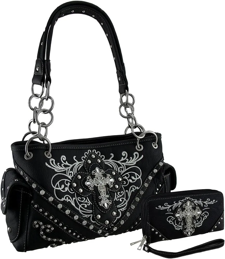 Western Embroidered Concealed Carry Purse/Wallet Set w/Rhinestone Cross