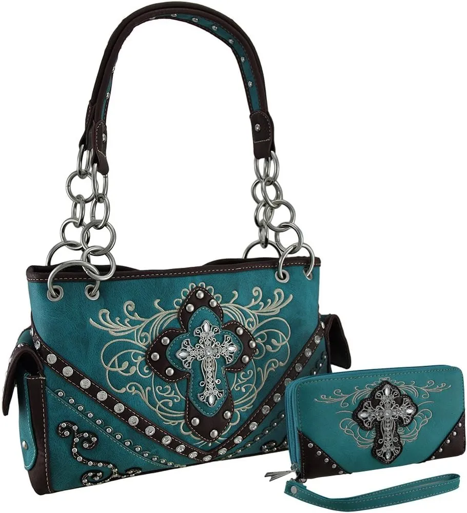 Western Embroidered Concealed Carry Purse/Wallet Set w/Rhinestone Cross