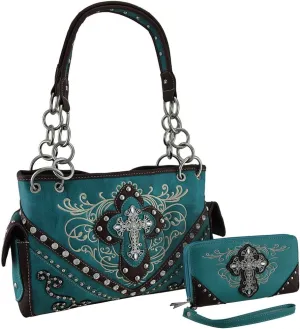 Western Embroidered Concealed Carry Purse/Wallet Set w/Rhinestone Cross