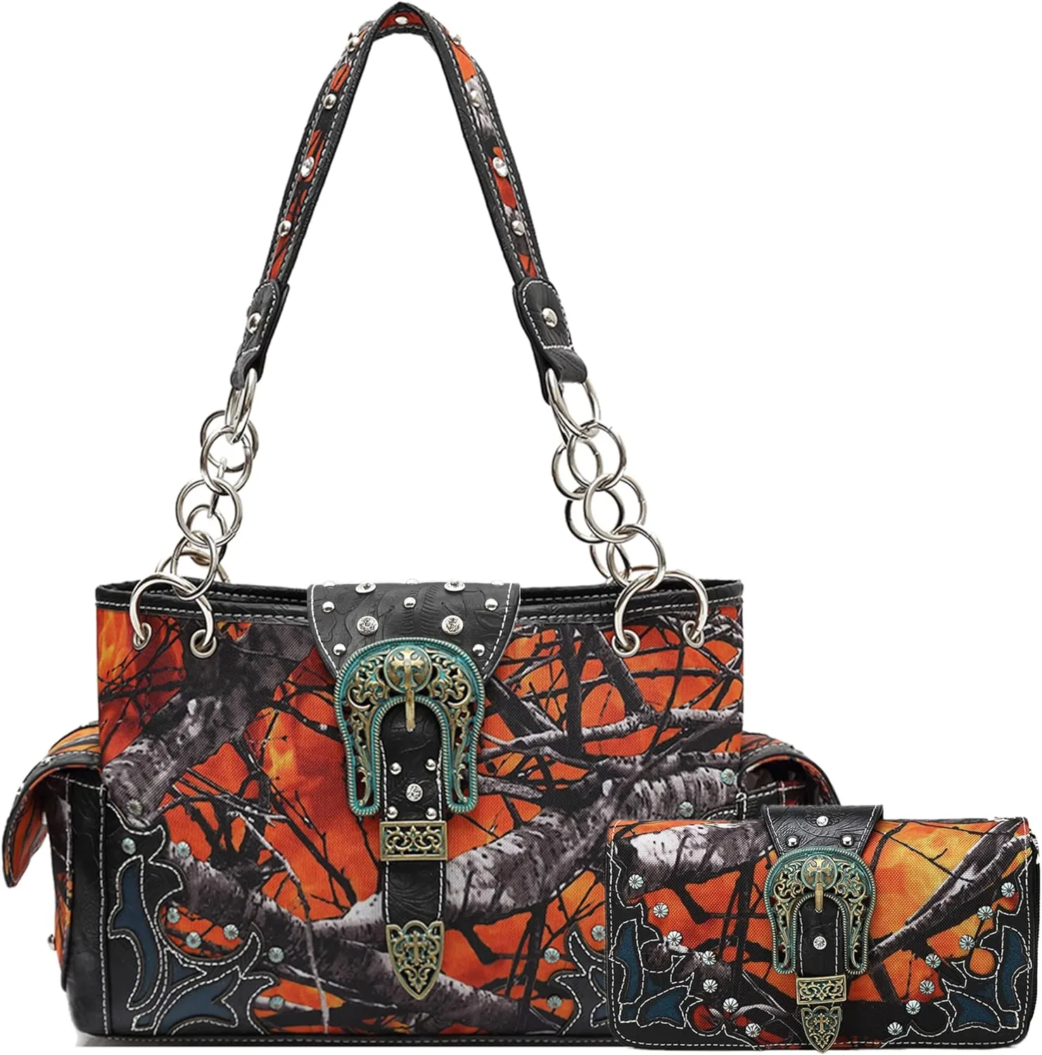 Western Style Camouflage Purse Concho Buckle Tooled Floral Country Studs Crossbody Women Handbag Shoulder Bag Wallet Set