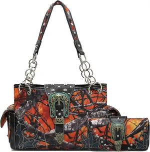 Western Style Camouflage Purse Concho Buckle Tooled Floral Country Studs Crossbody Women Handbag Shoulder Bag Wallet Set